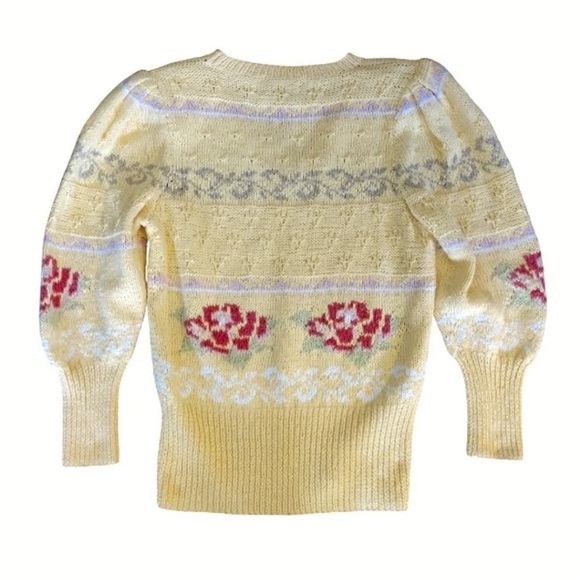 VTG 70s Yellow Pink Floral Cable Knit Vneck Sweater Large *Fits like Small - Picture 13 of 16